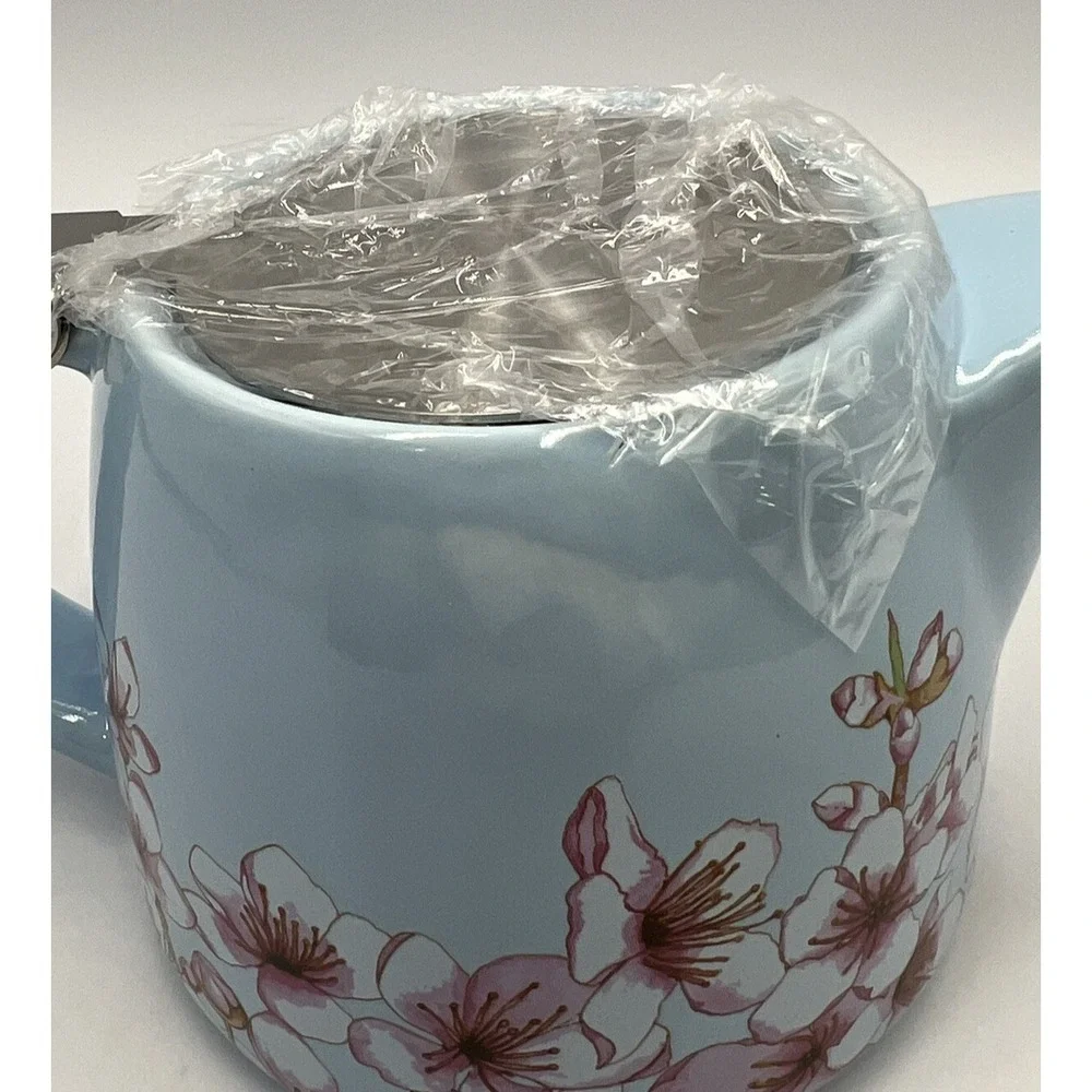 Vtg Alfred Tea Room Teapot Ceramic Stainless Steel Blue Cherry Blossoms New Box